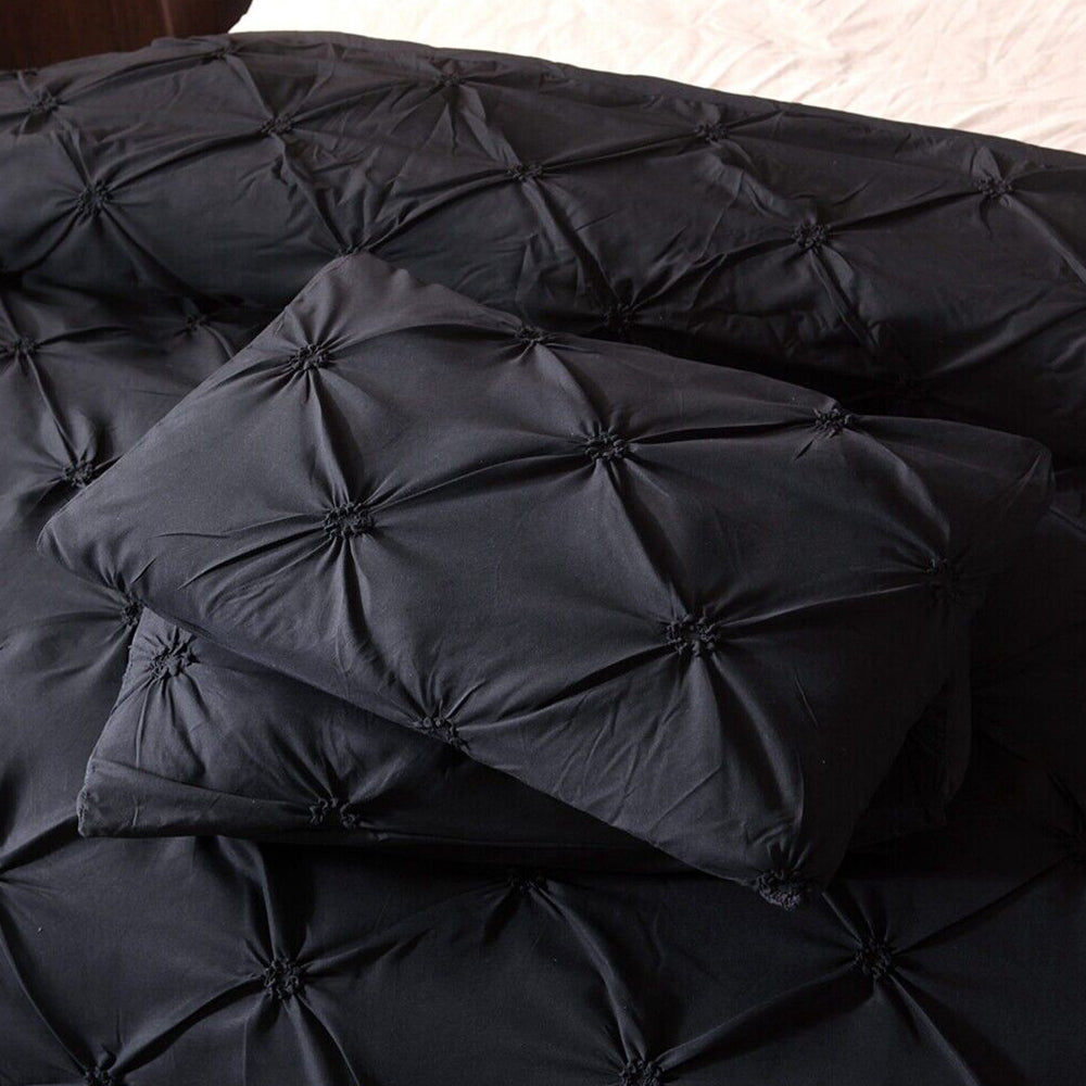 3Pcs Pintuck Bedding Set Pinch Pleat Duvet Cover Set Black Queen