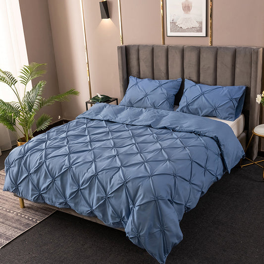 3Pcs Pintuck Bedding Set Pinch Pleat Duvet Cover Set Blue Queen