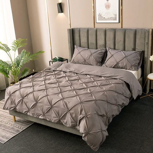 3Pcs Pintuck Bedding Set Pinch Pleat Duvet Cover Set Grey Double