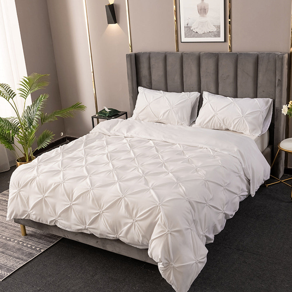 3Pcs Pintuck Bedding Set Pinch Pleat Duvet Cover Set White King