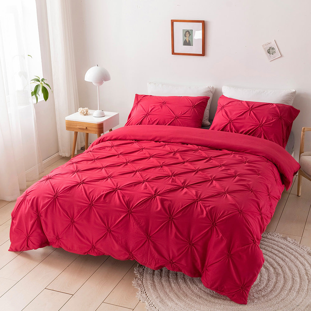 3Pcs Pintuck Bedding Set Pinch Pleat Duvet Cover Set Red Double