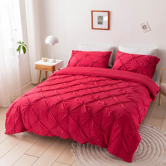 3Pcs Pintuck Bedding Set Pinch Pleat Duvet Cover Set Red Double