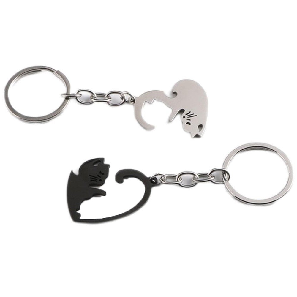 Pair of Heart Shaped Puzzle Cat Matching Keychains Black and Silver