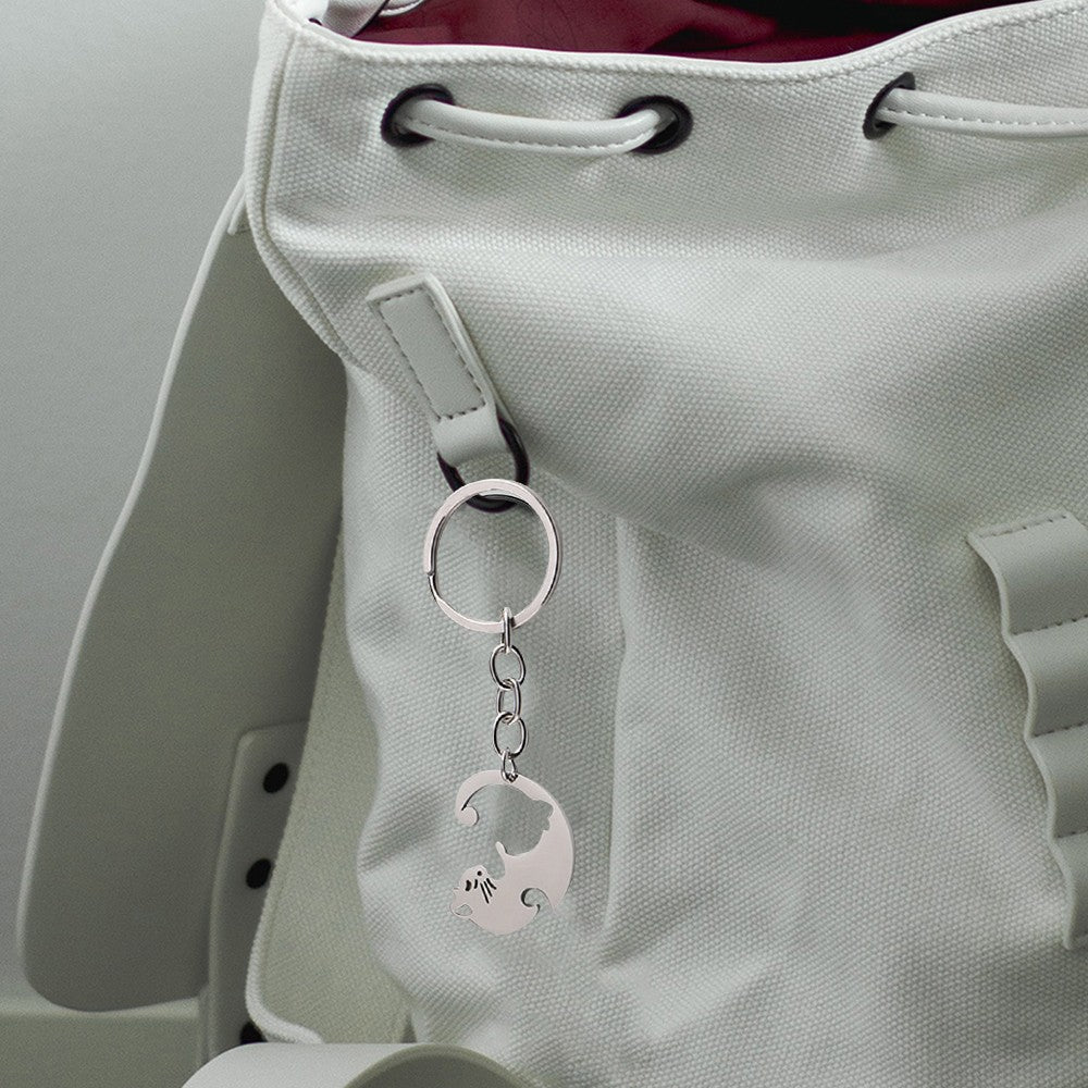 Pair of Heart Shaped Puzzle Cat Matching Keychains Black and Silver