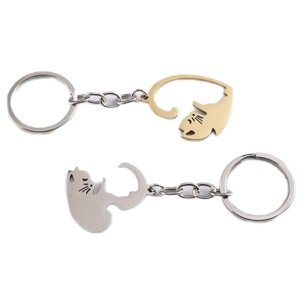 Pair of Heart Shaped Puzzle Cat Matching Keychains Gold and Silver