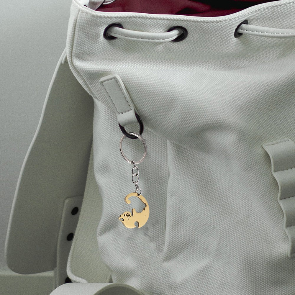 Pair of Heart Shaped Puzzle Cat Matching Keychains Gold and Silver
