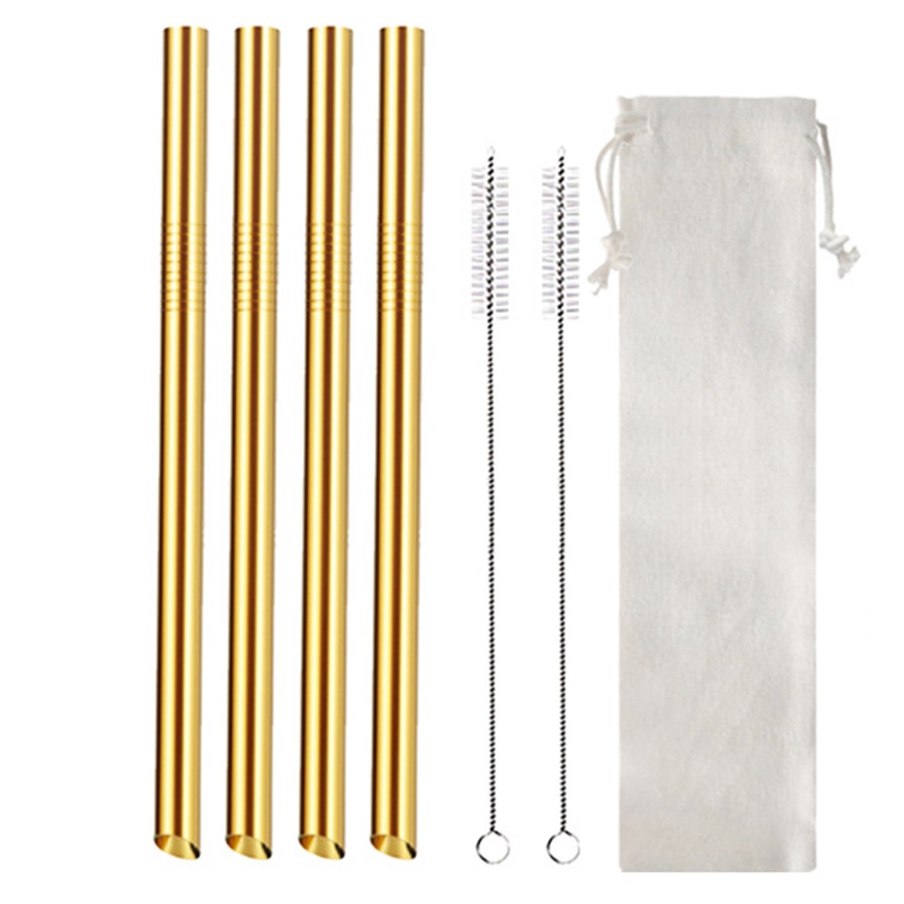 4Pcs BOBA Bubble Tea Straws Stainless Steel Wide Caliber Straws Reusable Straws with Straw Brush Gold