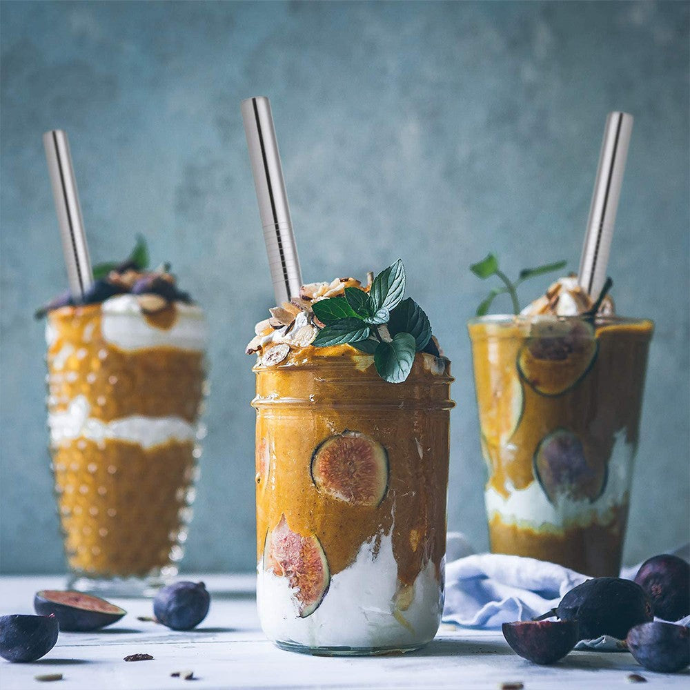 4Pcs BOBA Bubble Tea Straws Stainless Steel Wide Caliber Straws Reusable Straws with Straw Brush Silver