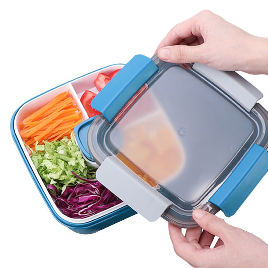2 Layer Salad Lunch Container Lunch Box with 3 Compartments Tray and Fork Blue