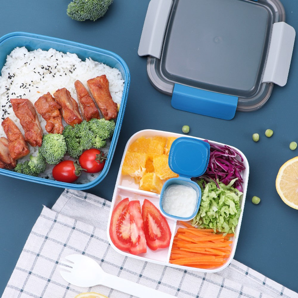 2 Layer Salad Lunch Container Lunch Box with 3 Compartments Tray and Fork Blue