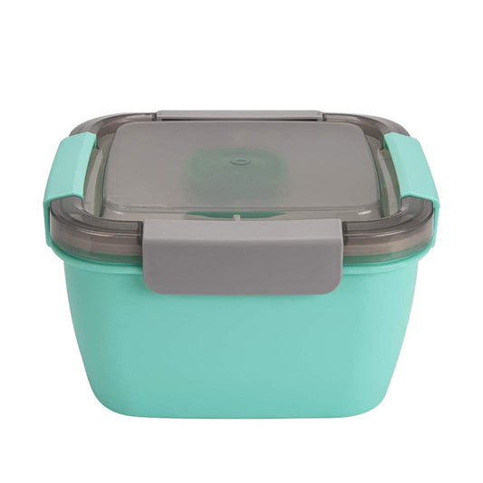 2 Layer Salad Lunch Container Lunch Box with 3 Compartments Tray and Fork Green