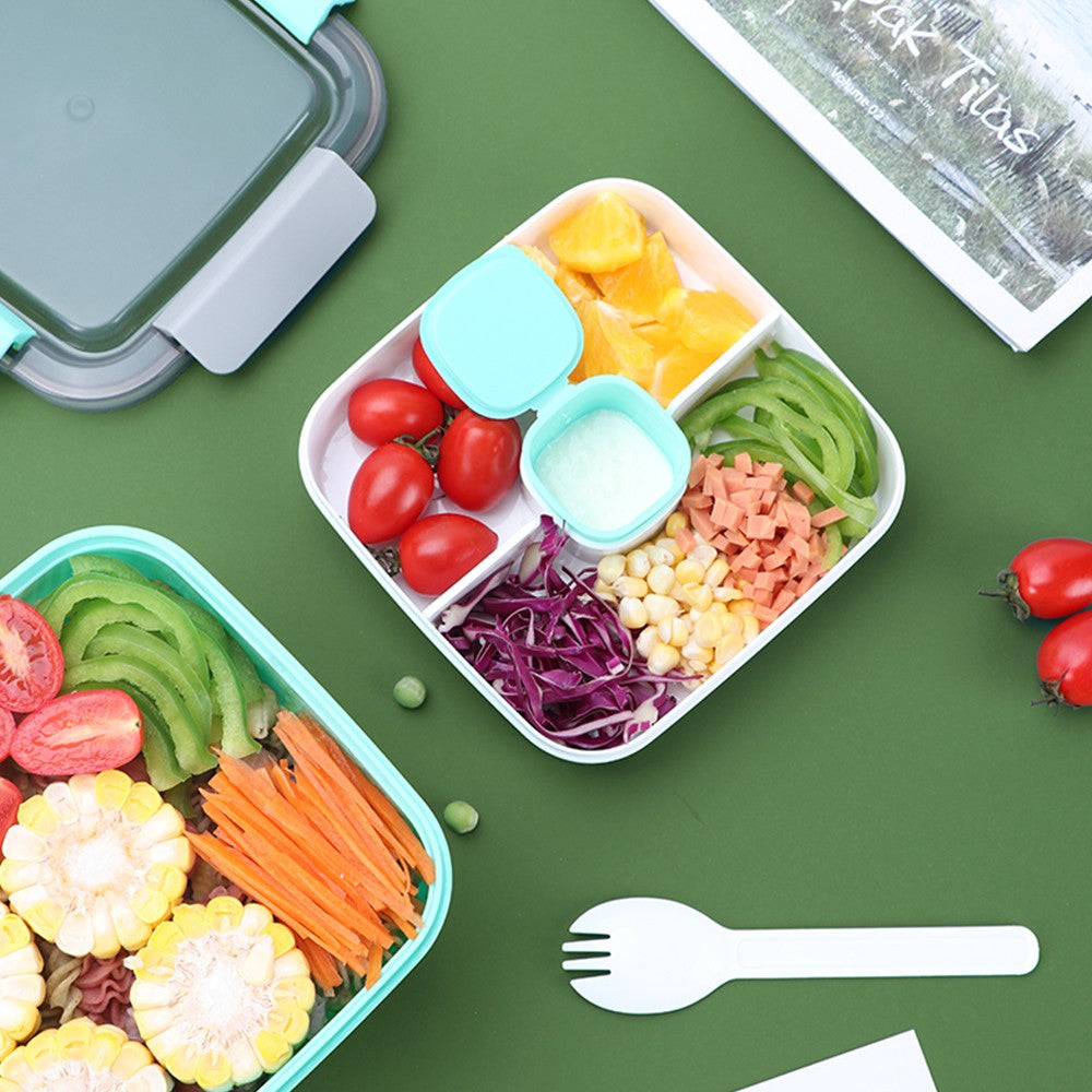 2 Layer Salad Lunch Container Lunch Box with 3 Compartments Tray and Fork Green