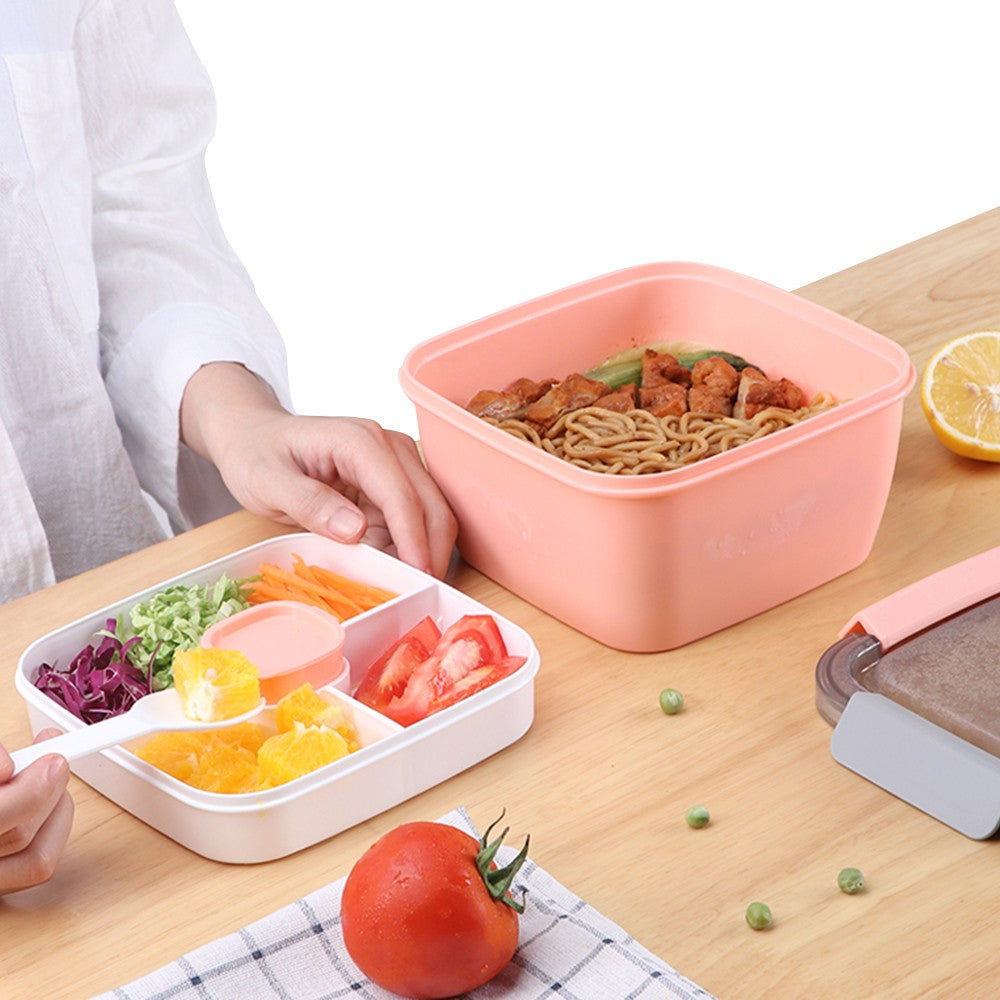 2 Layer Salad Lunch Container Lunch Box with 3 Compartments Tray and Fork Pink
