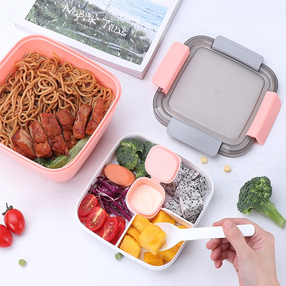 2 Layer Salad Lunch Container Lunch Box with 3 Compartments Tray and Fork Pink