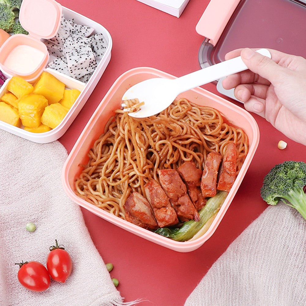 2 Layer Salad Lunch Container Lunch Box with 3 Compartments Tray and Fork Pink