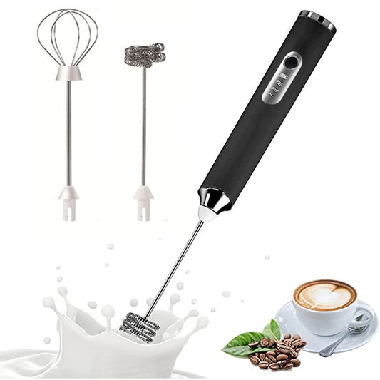 Handheld Electric Milk Frother Mini Drink Mixer with Stand and 2 Whisks Black