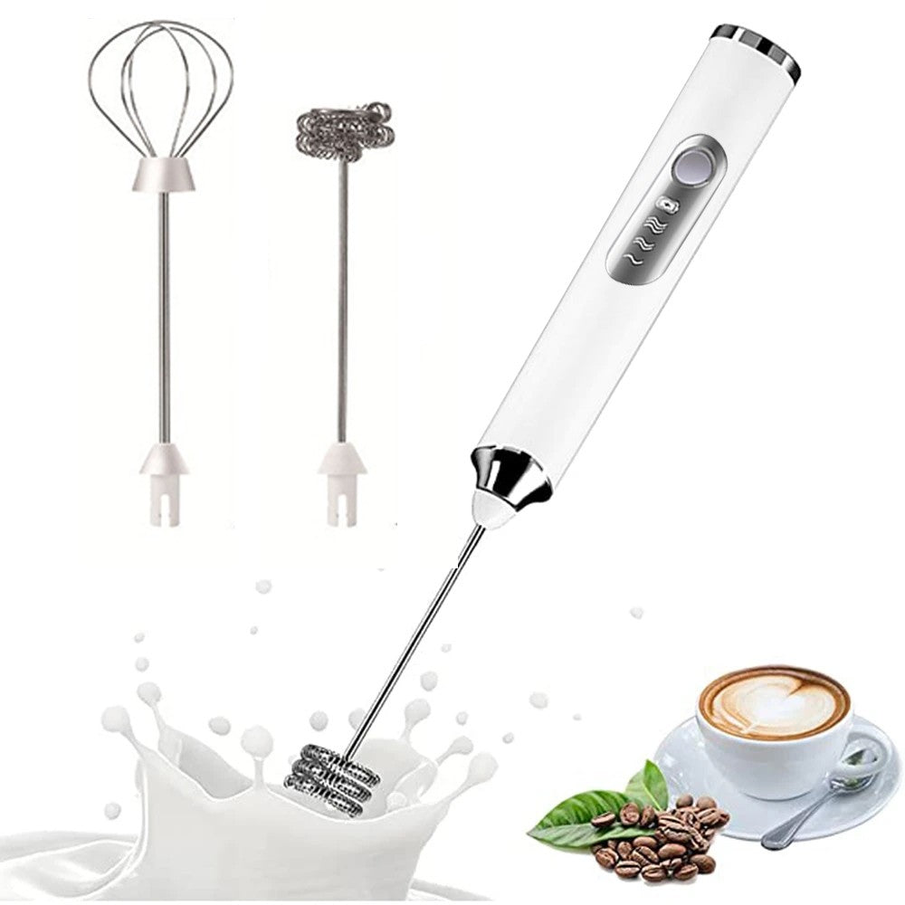 Handheld Electric Milk Frother Mini Drink Mixer with Stand and 2 Whisks White