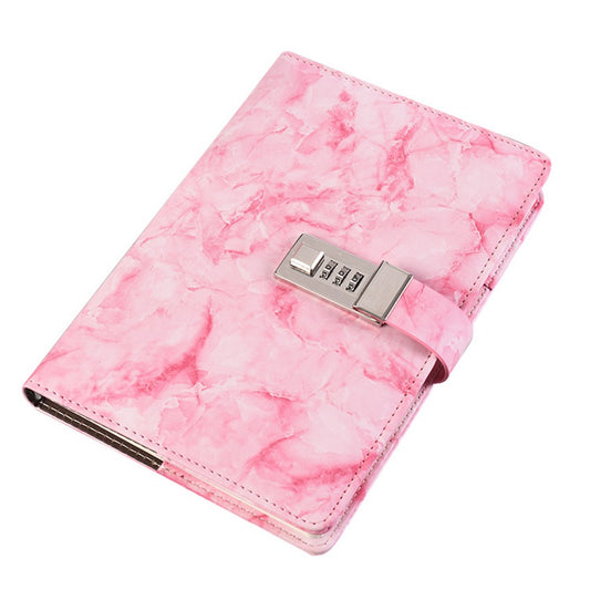 PU Leather Marble Diary with Combination Lock Refillable Secret Journal Notebooks for Girls Women Pink