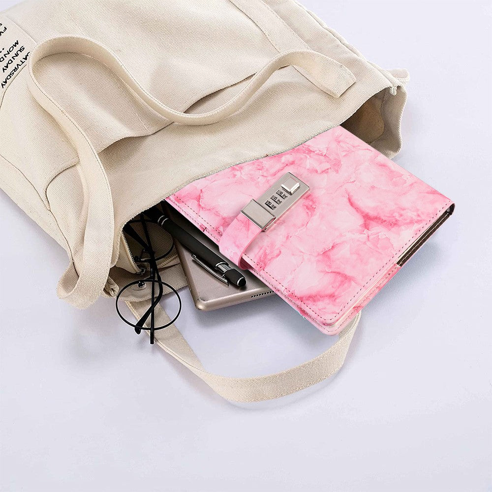 PU Leather Marble Diary with Combination Lock Refillable Secret Journal Notebooks for Girls Women Pink