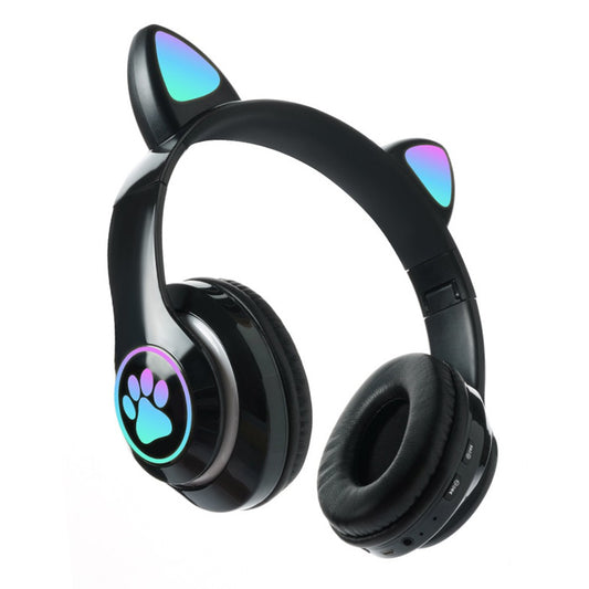 Bluetooth 5.0 Wireless Headphones Cute Cat Ears Shaped Headset with LED Light Black