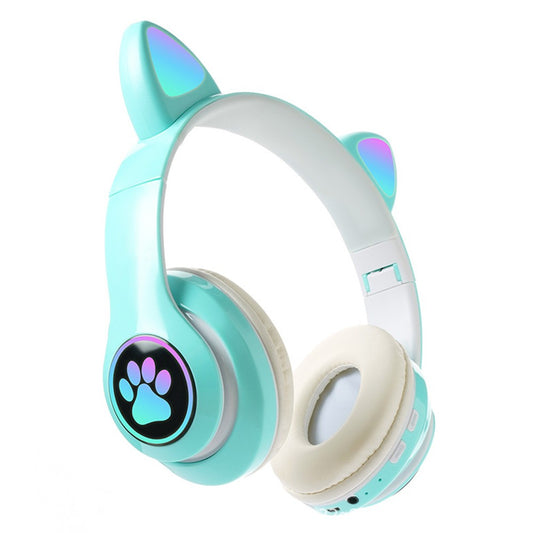 Bluetooth 5.0 Wireless Headphones Cute Cat Ears Shaped Headset with LED Light Green