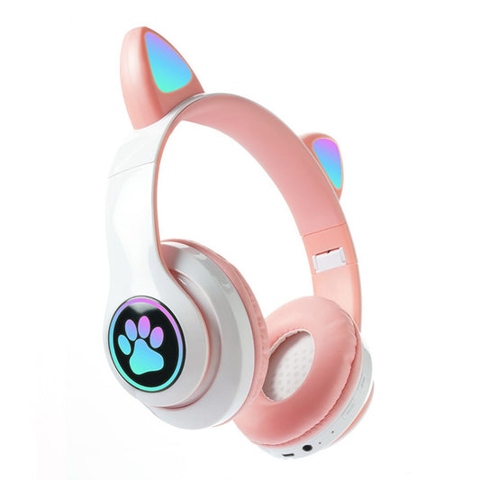 Bluetooth 5.0 Wireless Headphones Cute Cat Ears Shaped Headset with LED Light Pink