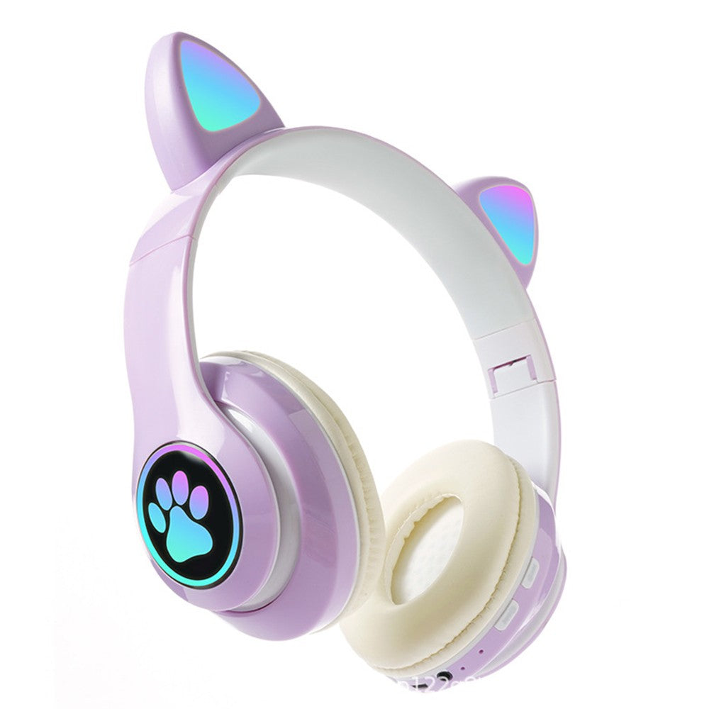 Bluetooth 5.0 Wireless Headphones Cute Cat Ears Shaped Headset with LED Light Purple