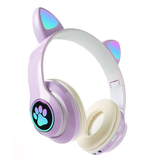 Bluetooth 5.0 Wireless Headphones Cute Cat Ears Shaped Headset with LED Light Purple
