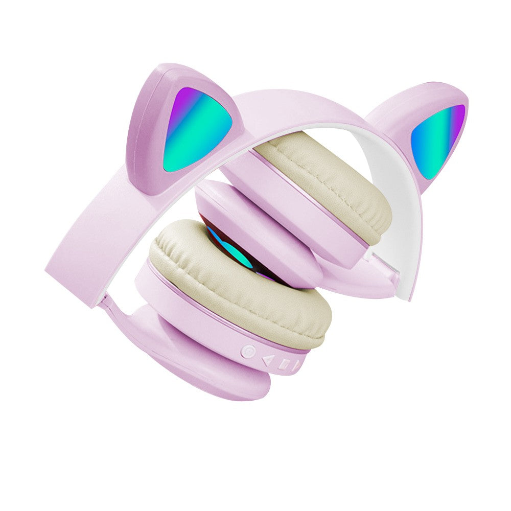 Bluetooth 5.0 Wireless Headphones Cute Cat Ears Shaped Headset with LED Light Purple