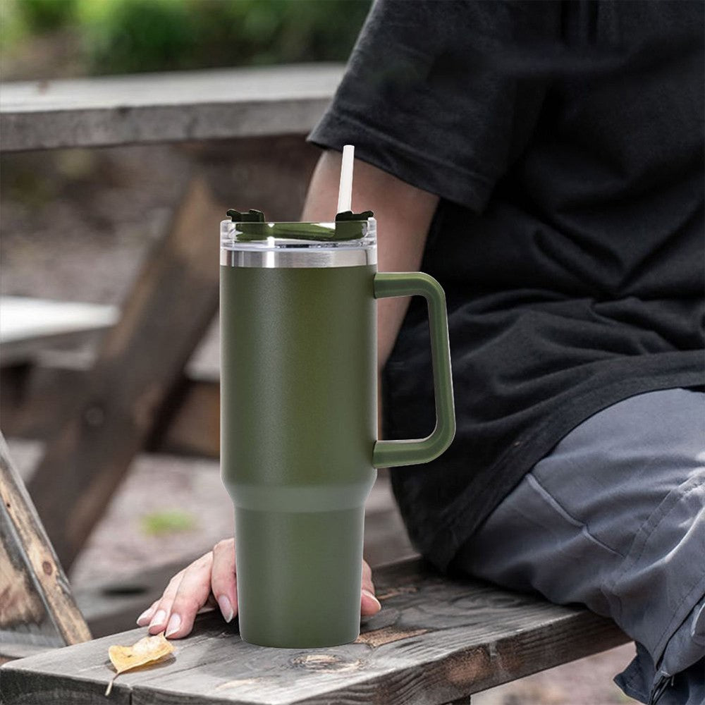 40oz Double Wall Insulated Coffee Mug Stainless Steel Thermal Cups with Lid and Straw Army Green