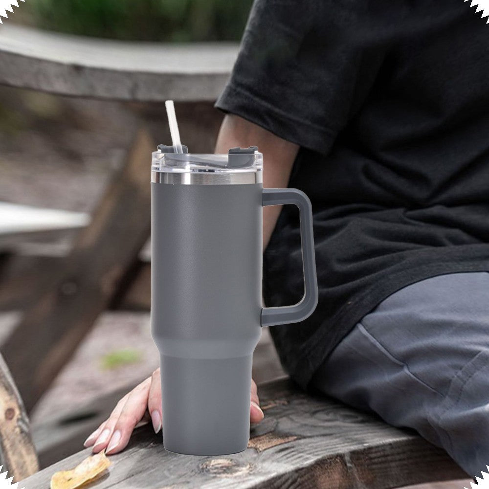 40oz Double Wall Insulated Coffee Mug Stainless Steel Thermal Cups with Lid and Straw Grey
