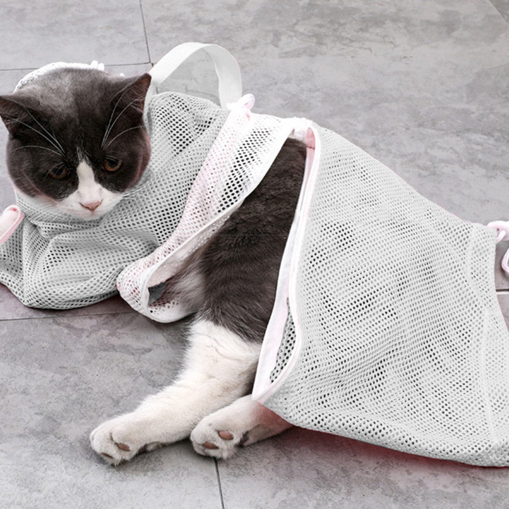 Pet Cat Bathing Bag Mesh Cloth Cat Grooming Bag Cat Supplies Washing Bags Grey