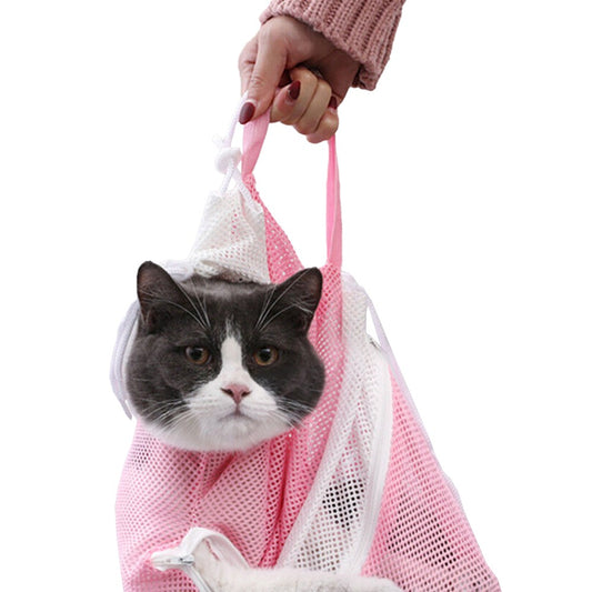 Pet Cat Bathing Bag Mesh Cloth Cat Grooming Bag Cat Supplies Washing Bags Pink