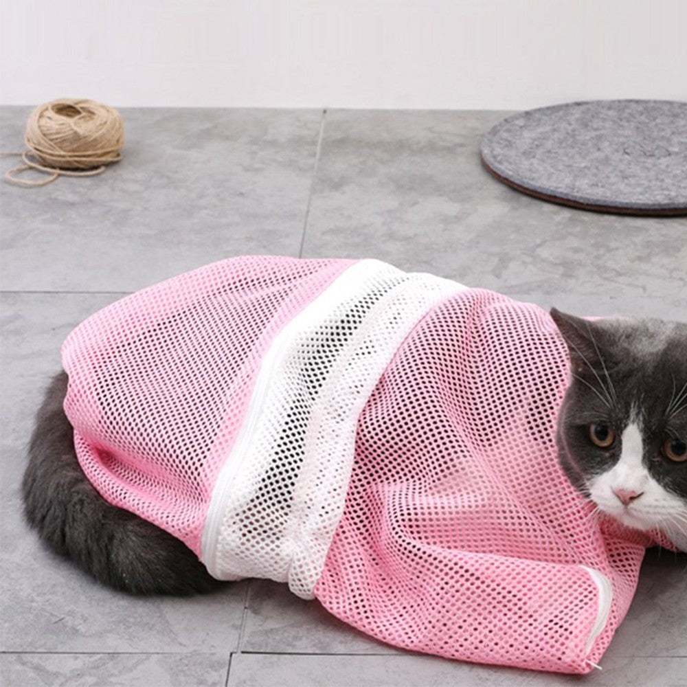 Pet Cat Bathing Bag Mesh Cloth Cat Grooming Bag Cat Supplies Washing Bags Pink