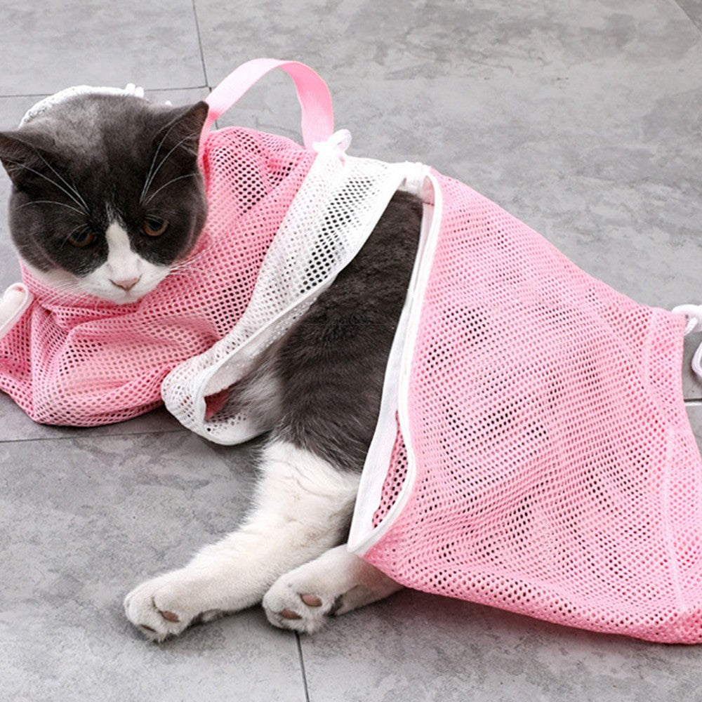 Pet Cat Bathing Bag Mesh Cloth Cat Grooming Bag Cat Supplies Washing Bags Pink