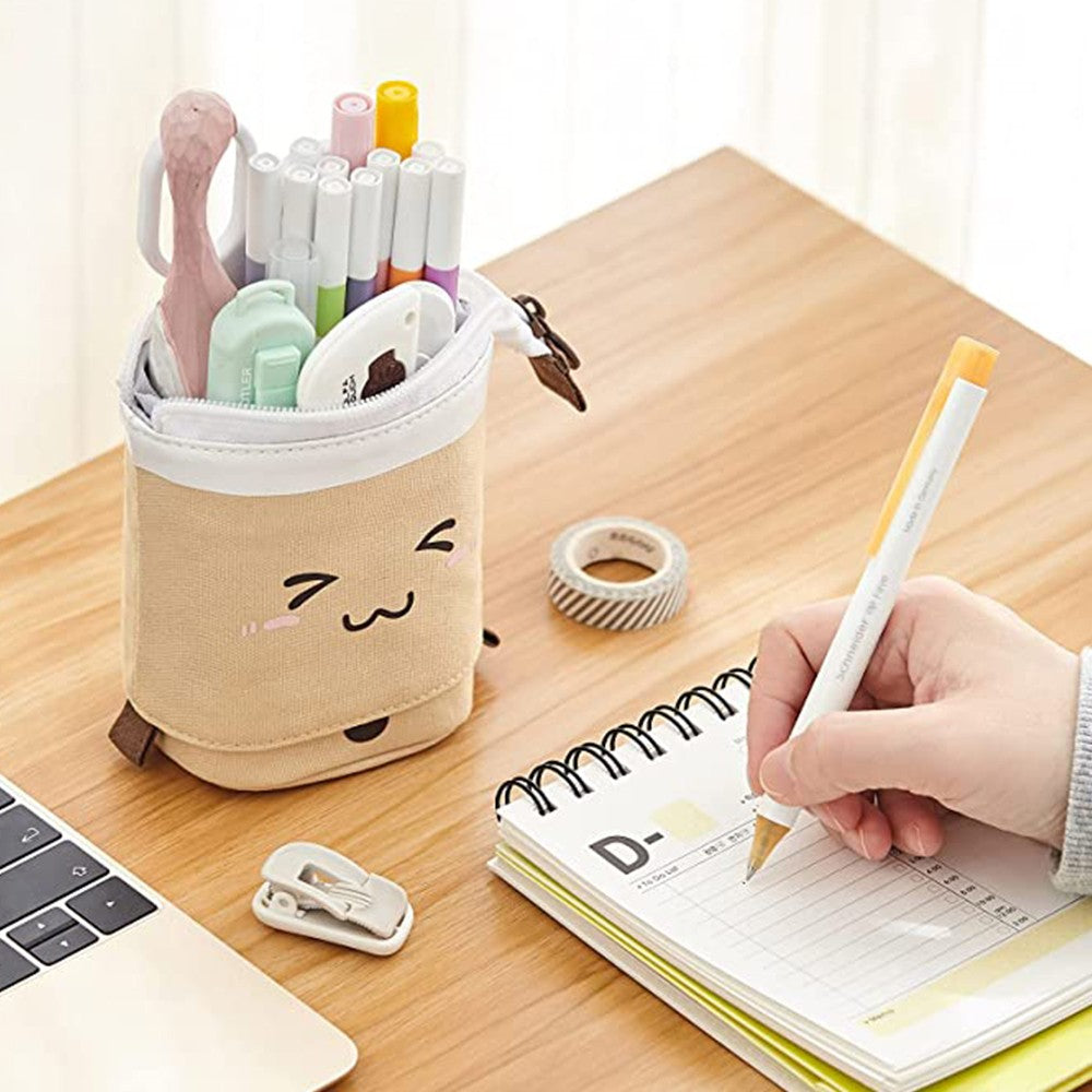 Standing Pencil Case Telescopic Pen Bag Pen Holder Stationery Case Makeup Brush Pouch Coffee
