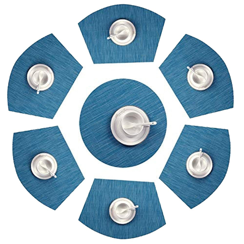 6Pcs Wedge Placemats and Centerpiece Round Mat Set for Dining Table Blue
