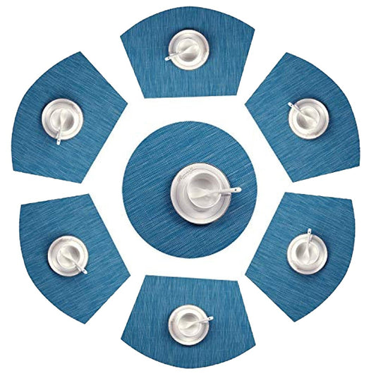 6Pcs Wedge Placemats and Centerpiece Round Mat Set for Dining Table Blue