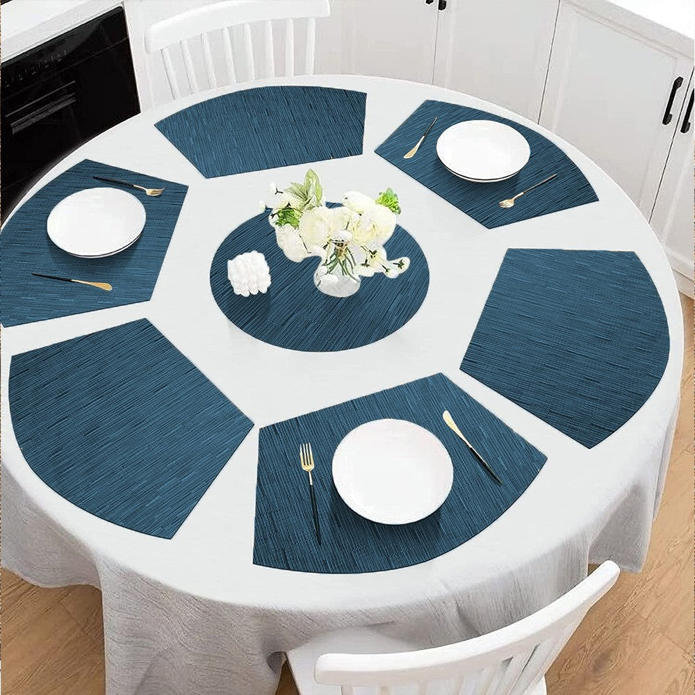 6Pcs Wedge Placemats and Centerpiece Round Mat Set for Dining Table Blue