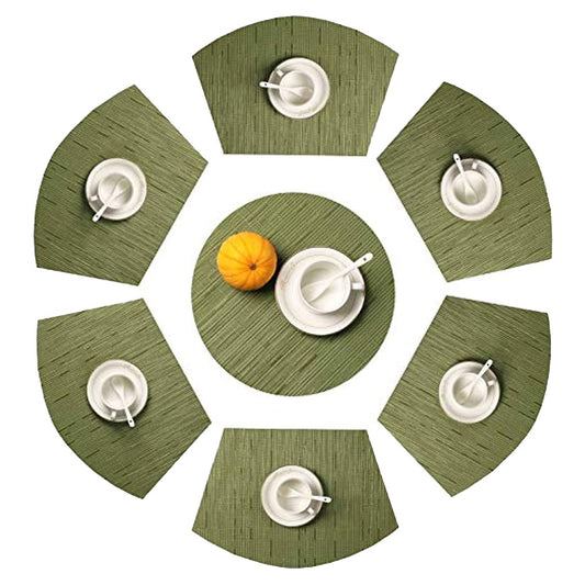6Pcs Wedge Placemats and Centerpiece Round Mat Set for Dining Table Green