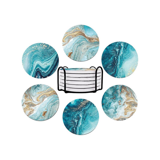 6Pcs Marble Textured Round Coasters with with Cork Base and Metal Holder Set