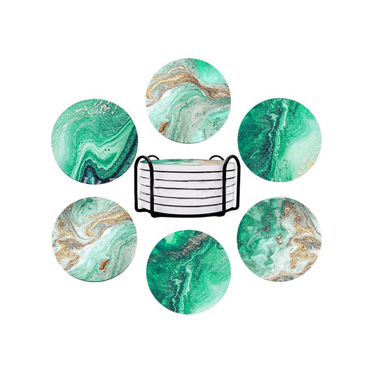 6Pcs Marble Textured Round Coasters with with Cork Base and Metal Holder Set