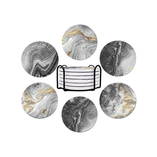 6Pcs Marble Textured Round Coasters with with Cork Base and Metal Holder Set