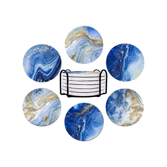6Pcs Marble Textured Round Coasters with with Cork Base and Metal Holder Set