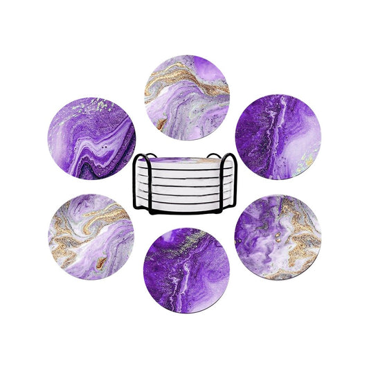 6Pcs Marble Textured Round Coasters with with Cork Base and Metal Holder Set