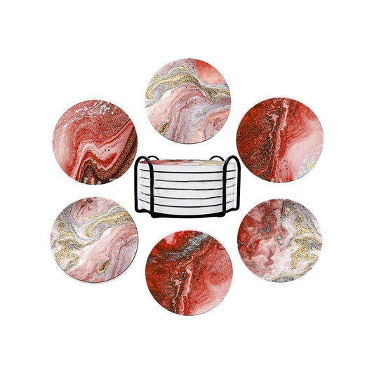 6Pcs Marble Textured Round Coasters with with Cork Base and Metal Holder Set