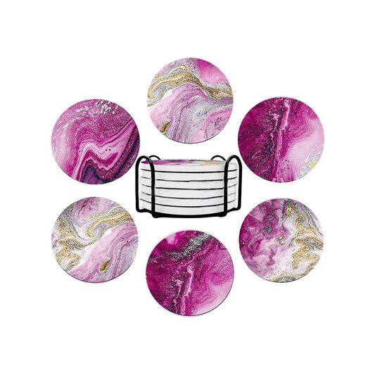 6Pcs Marble Textured Round Coasters with with Cork Base and Metal Holder Set