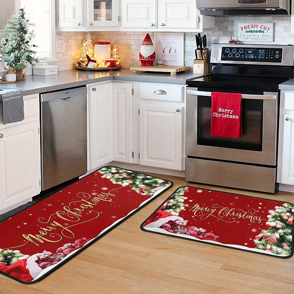 2-Piece Christmas Floor Mat Set Christmas Non-Slip Doormat Kitchen Mat Home Decor - Style 1