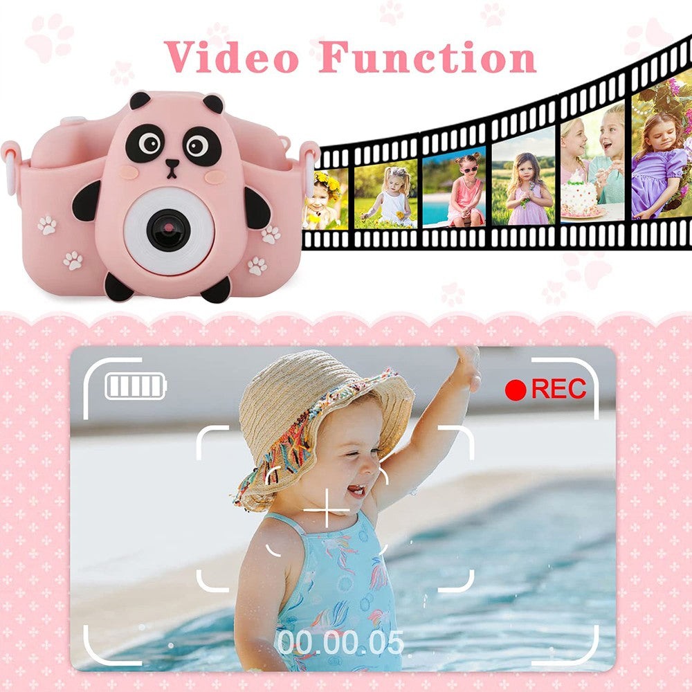 1080P HD Cartoon Kids Digital Camera with 64G Memory Card - Pink Panda