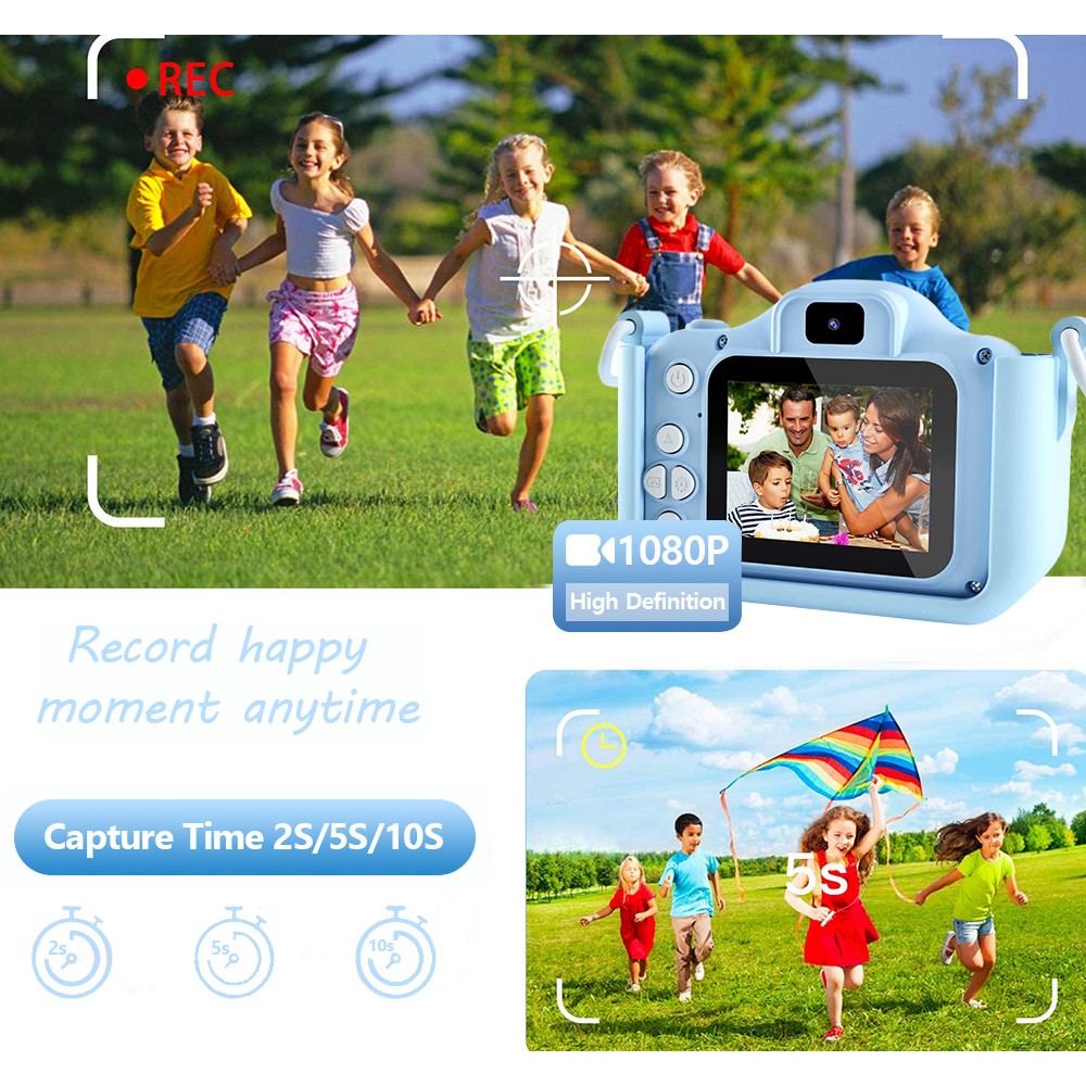 1080P HD Cartoon Kids Digital Camera with 64G Memory Card - Blue Panda